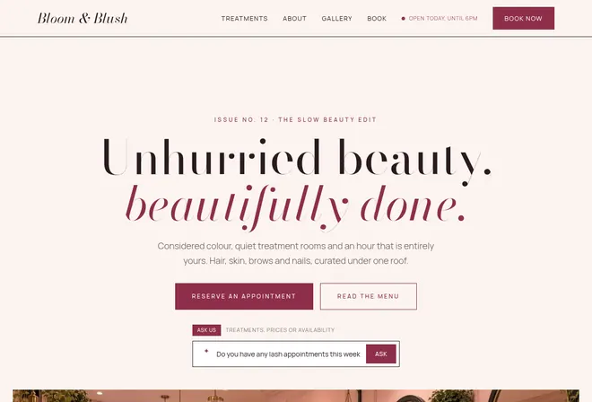 Bloom and Blush salon demo website, new design