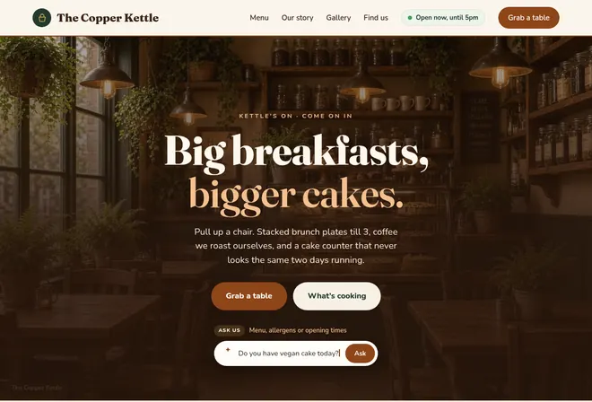 The Copper Kettle cafe demo website, new design