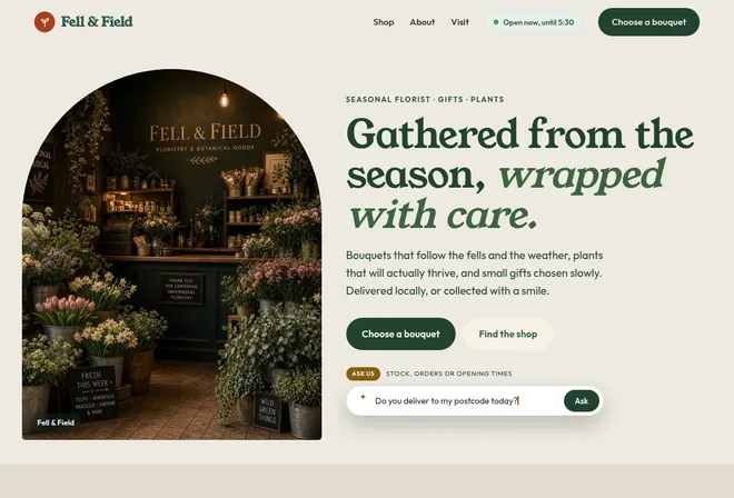 Fell and Field florist demo website, new design